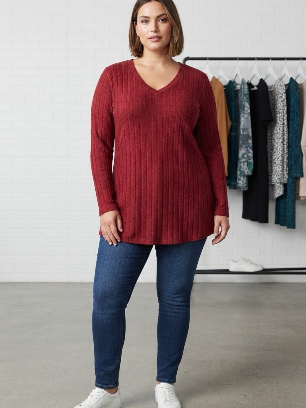 Ribbed V-Neck Tunic Sweater in Red